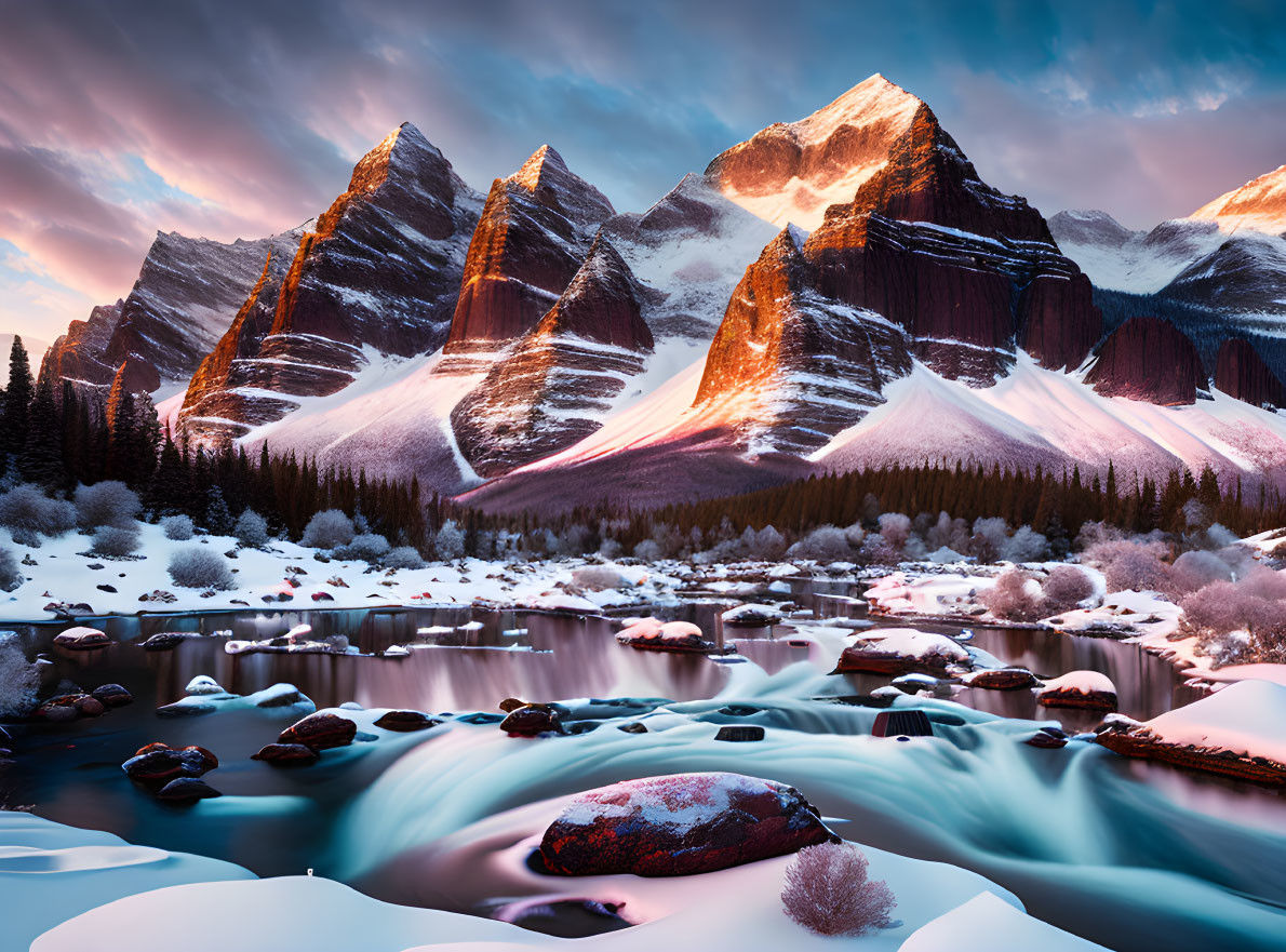 Snowy Mountain Range at Sunrise with River and Pink Clouds