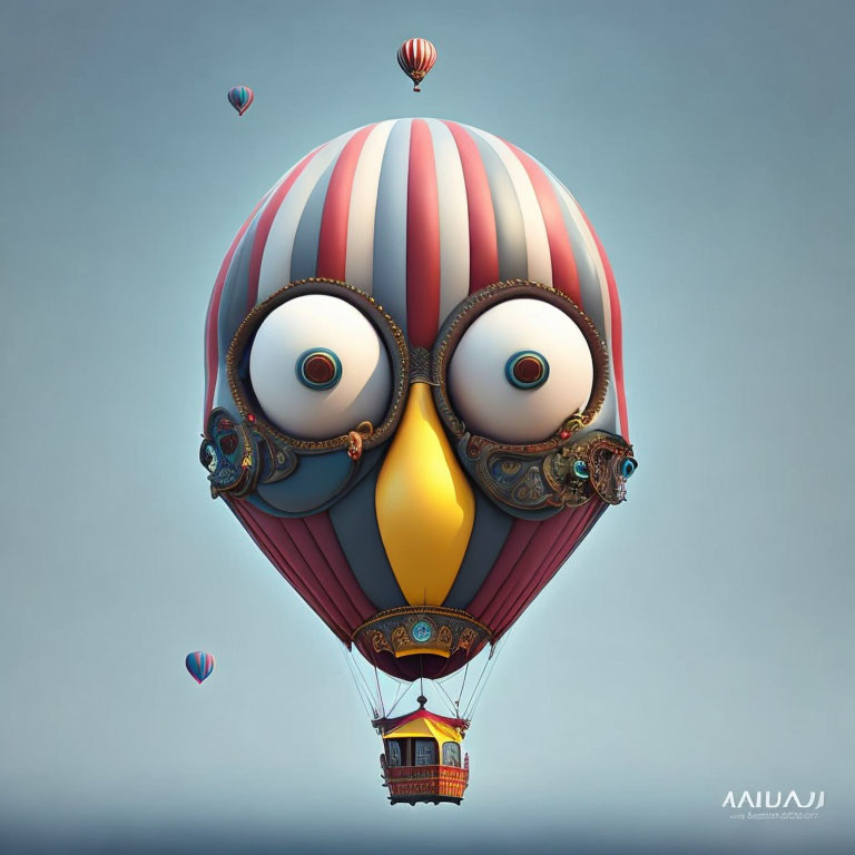 Whimsical hot air balloon with face design in clear blue sky