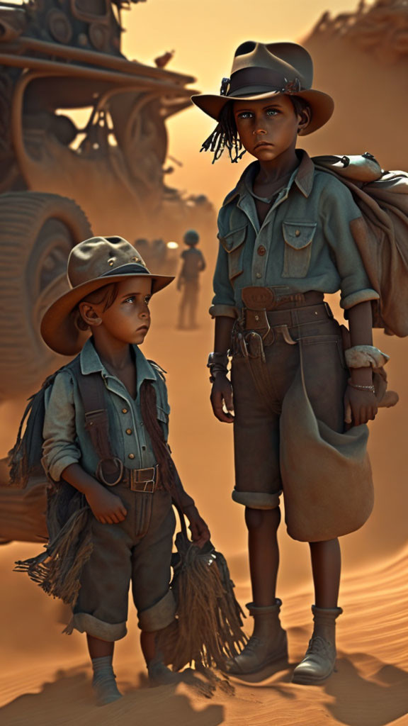 Two young adventurers in desert setting with explorer outfits