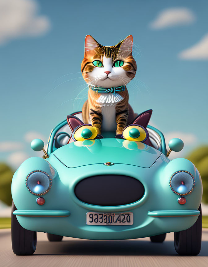 Illustration of green-eyed cat on striped coat sitting on light blue car.