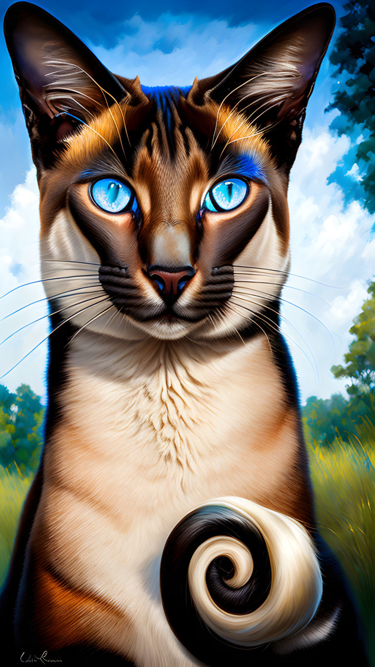 Siamese Cat with Blue Eyes and Brown Cream Coat on Blue Sky Background