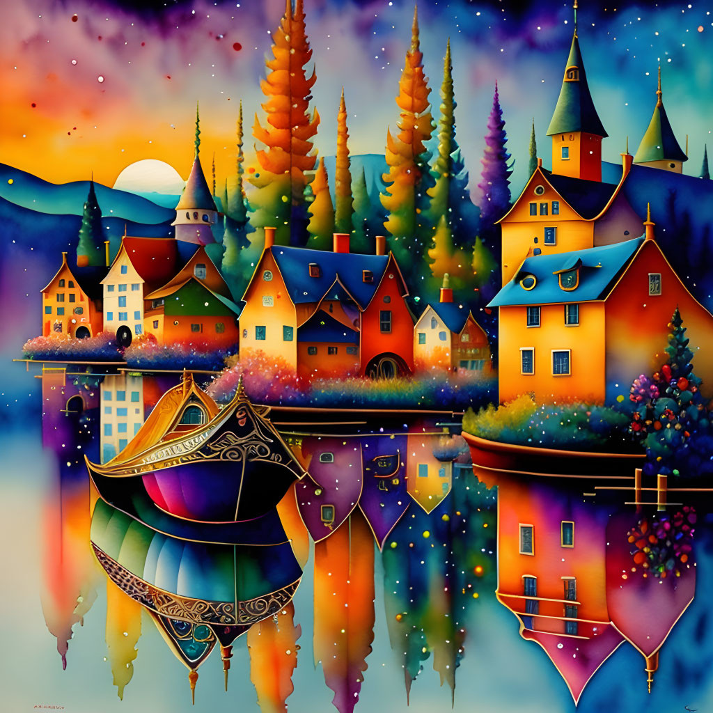 Colorful village painting with trees, castle, and crescent moon over tranquil water