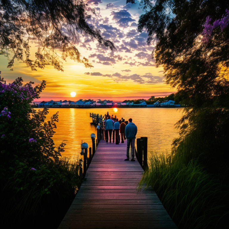 People on wooden pier watching vibrant sunset over calm lake with beautiful clouds and tree silhouettes.