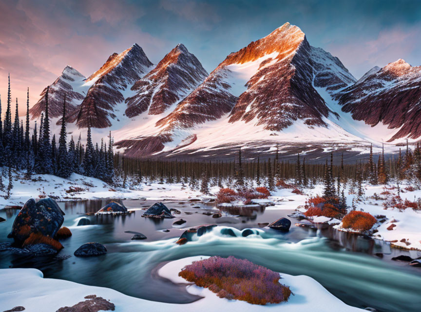 Sunset over Snow-capped Mountains and River with Orange and Purple Vegetation