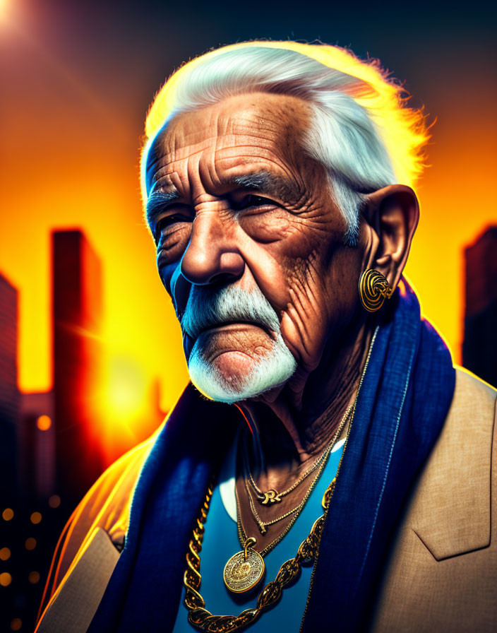 Elderly man with beard and gold necklaces in city skyline sunset scene