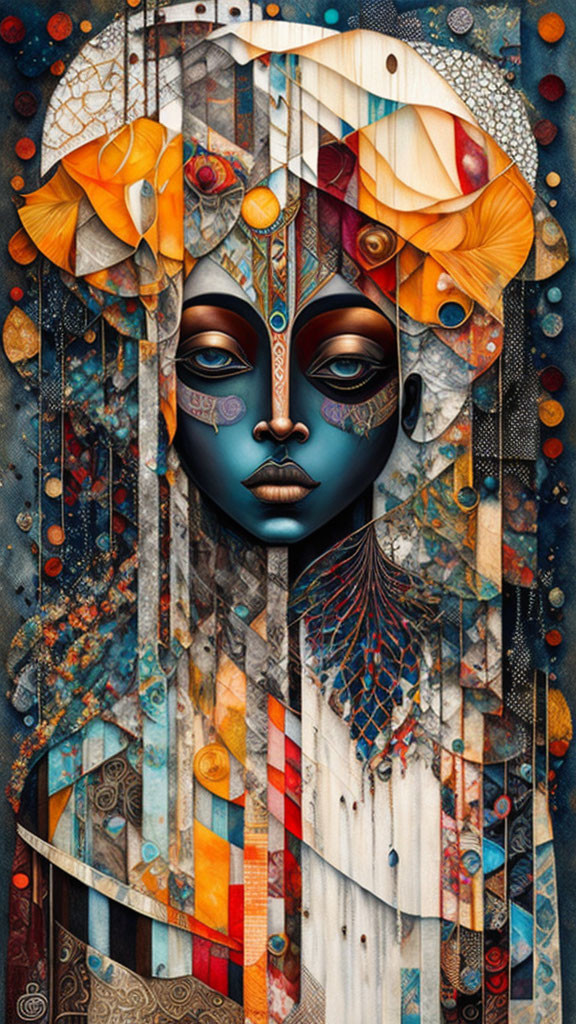 Surreal portrait with deep blue skin and golden accents in intricate collage