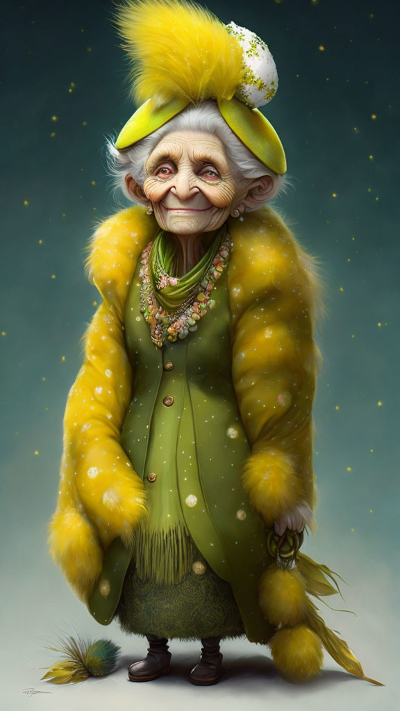 Elderly animated character in green and yellow outfit