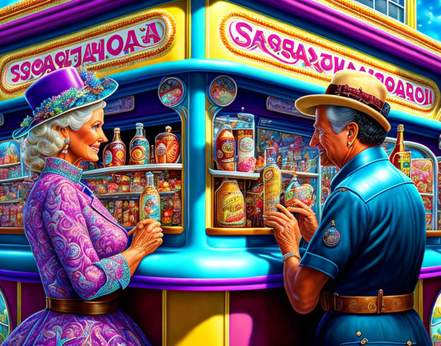 Colorful Retro Couple at Whimsical Market Stall "Sarsaparilla