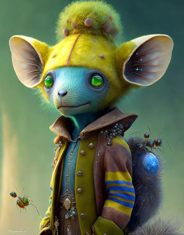 Yellow-furred creature with blue eyes and oversized ears in a brown jacket.