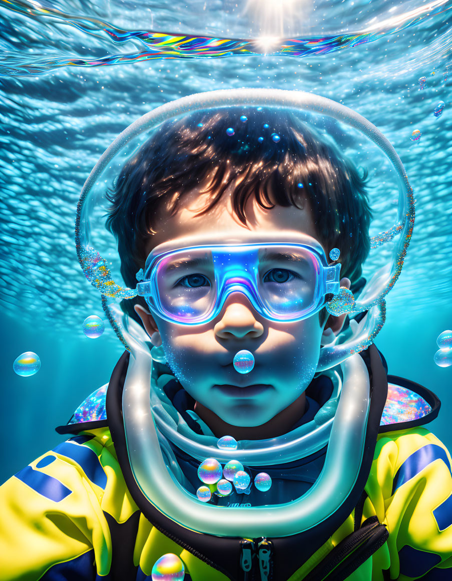 Child snorkeling in clear blue water with bubbles and sunlight.