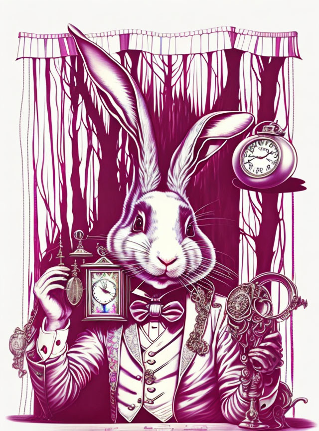 Whimsical white rabbit in suit with pocket watch on purple backdrop