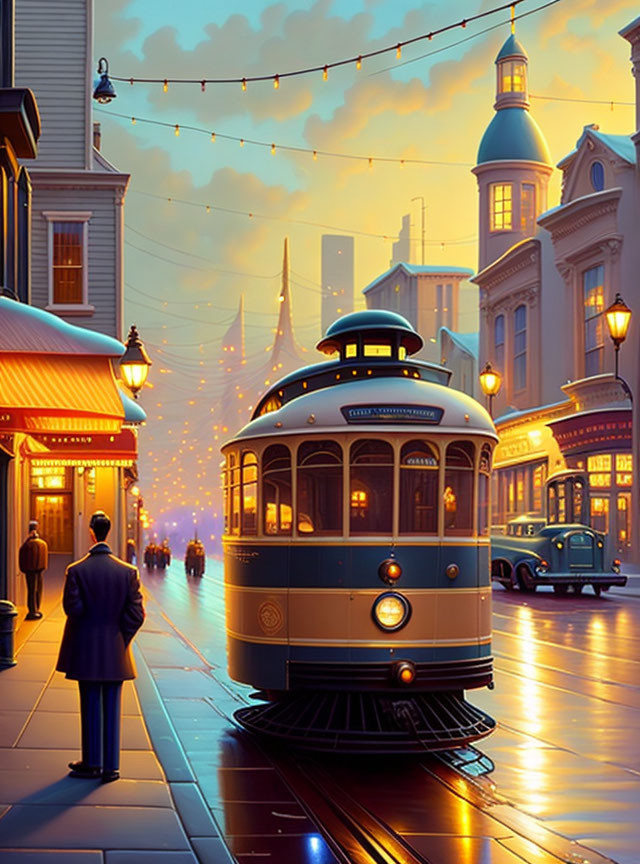 Man observing vintage tram on vibrant city street at dusk