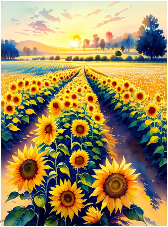 Sunflower fields painting with sunset and distant trees