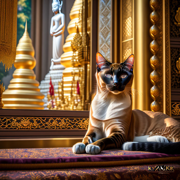 Siamese cat relaxing in ornate temple setting