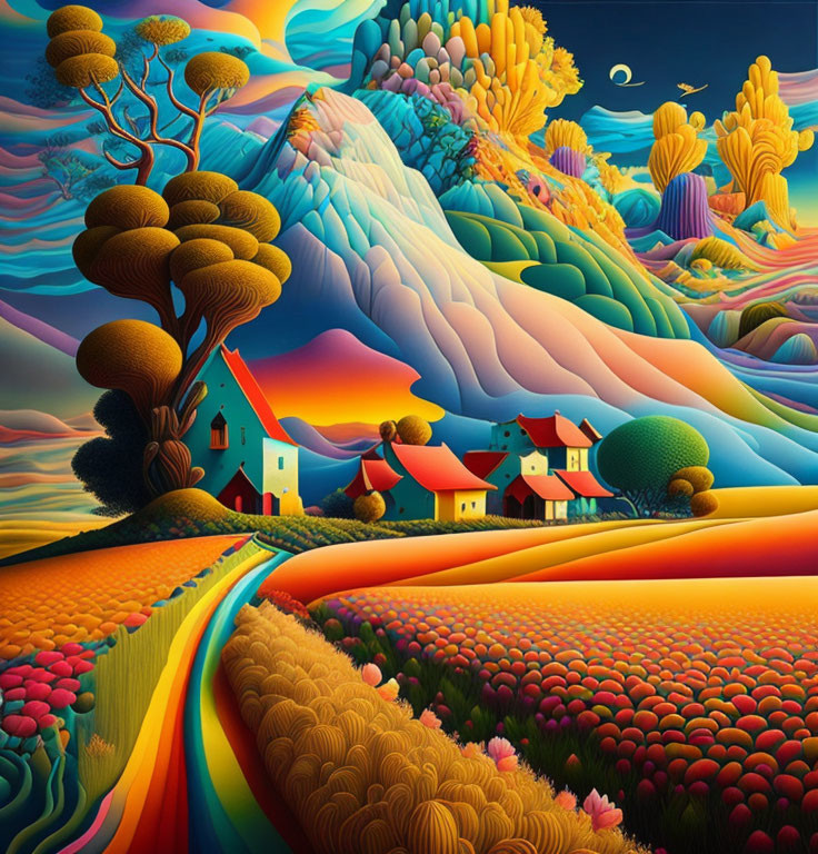 Colorful surreal landscape with rolling hills, whimsical trees, river, houses, and dramatic sky