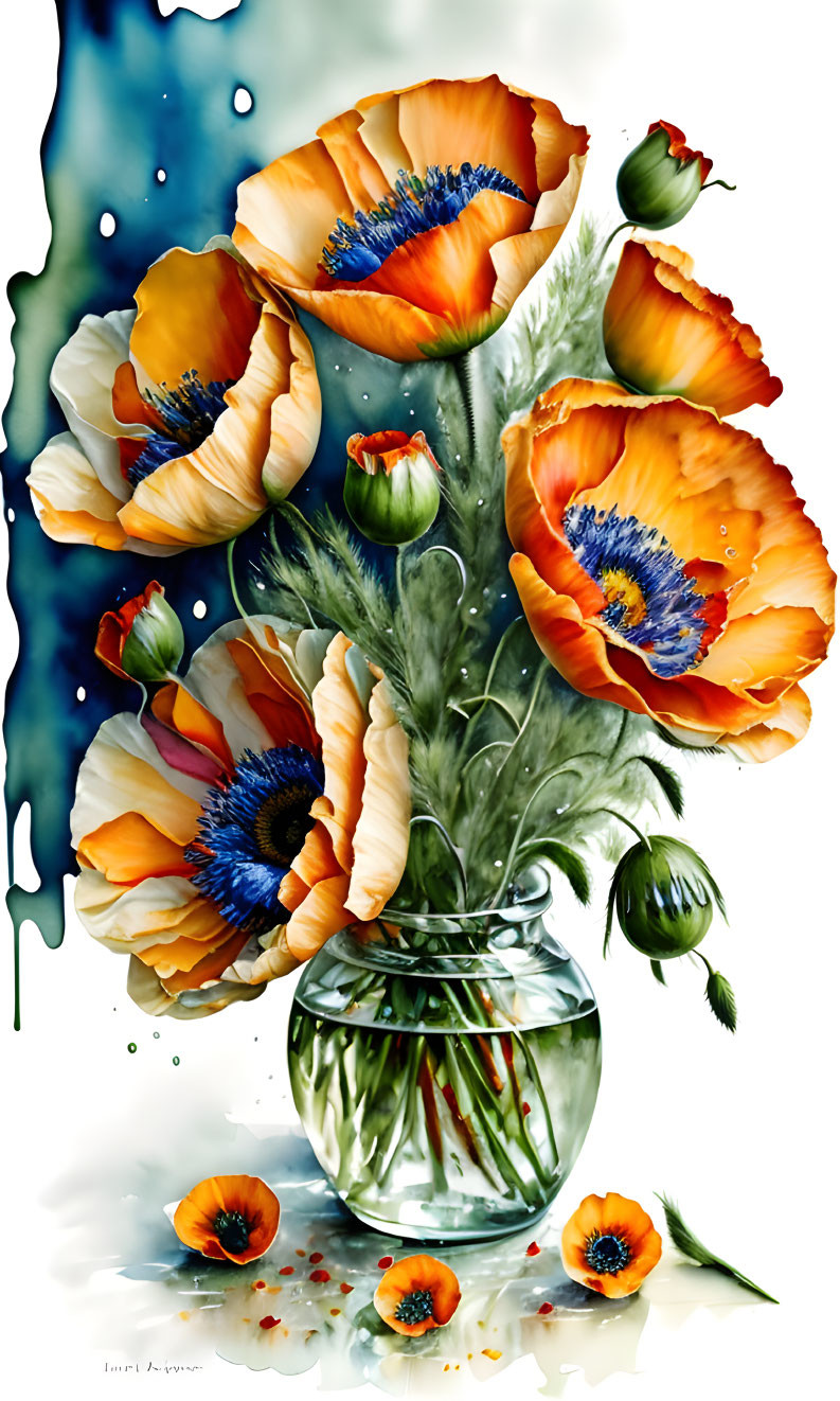 Bright Orange Poppies in Glass Vase on Blue Background