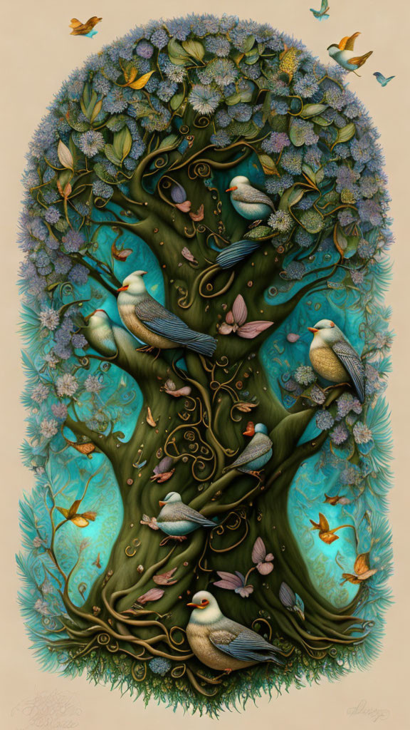 Detailed painting of vibrant tree with birds and butterflies among lush leaves