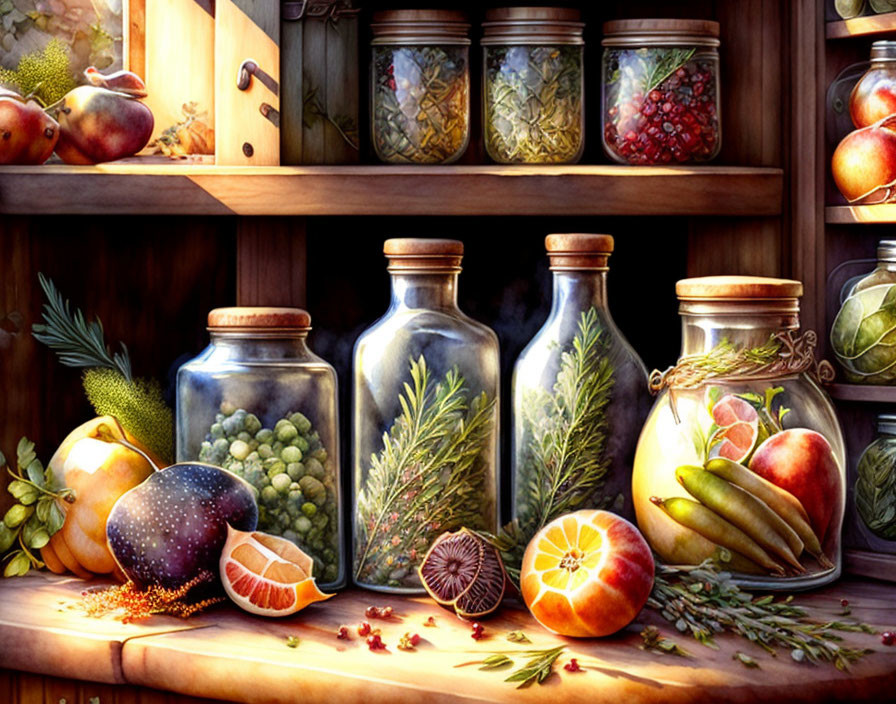 Rustic still life painting: pickles, fruits, spices on wood