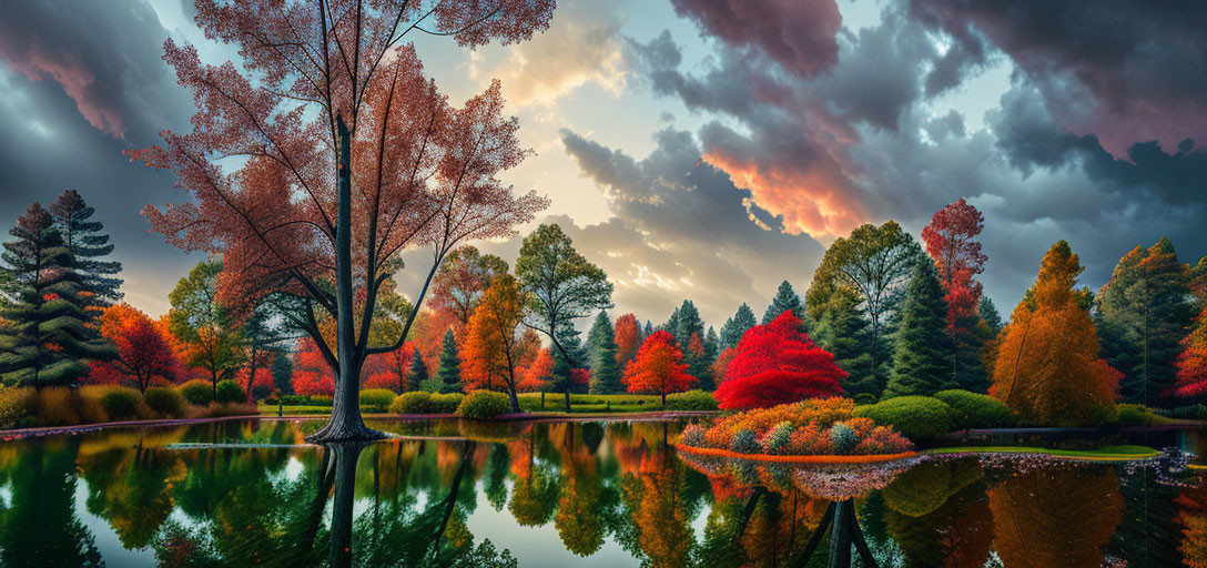 Tranquil lake with autumn trees reflecting under dramatic sunset sky