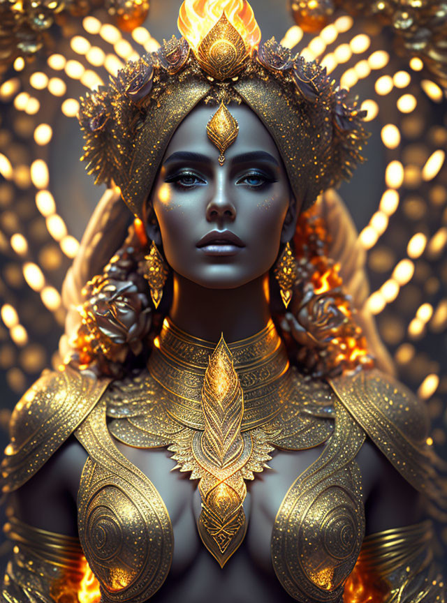 Majestic figure in golden attire emitting power and mystique