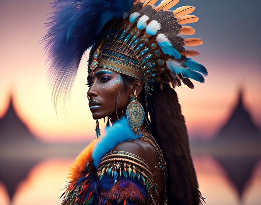 Person in Feather Headdress with Blue Makeup Against Sunset Mountains