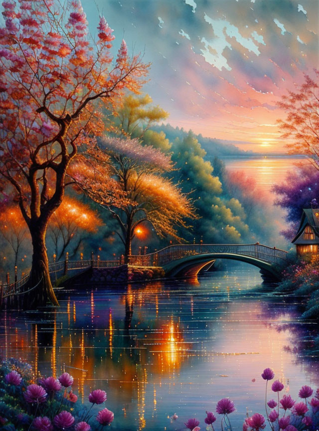 Tranquil twilight lake scene with footbridge and glowing lanterns