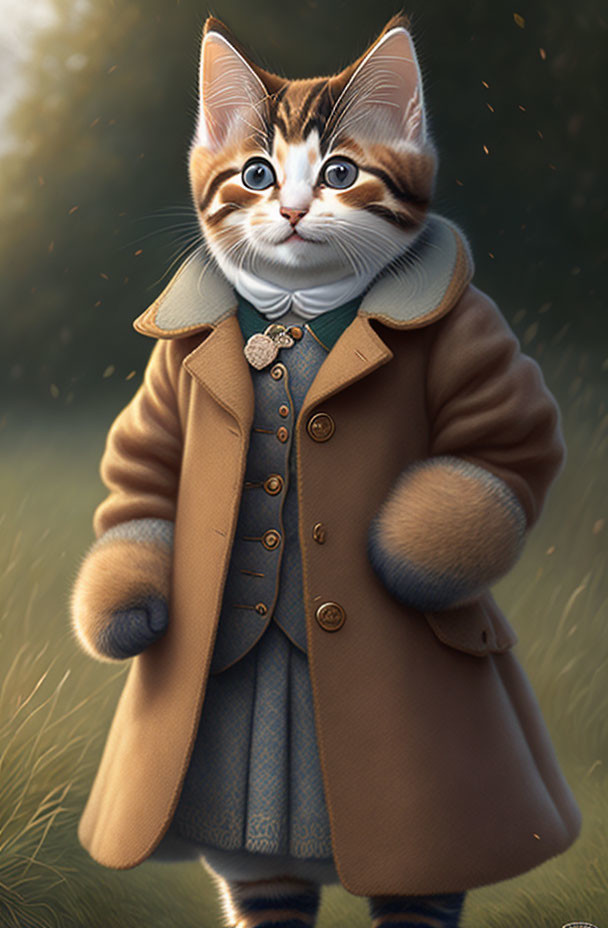 Anthropomorphic kitten in coat and suit with contemplative expression