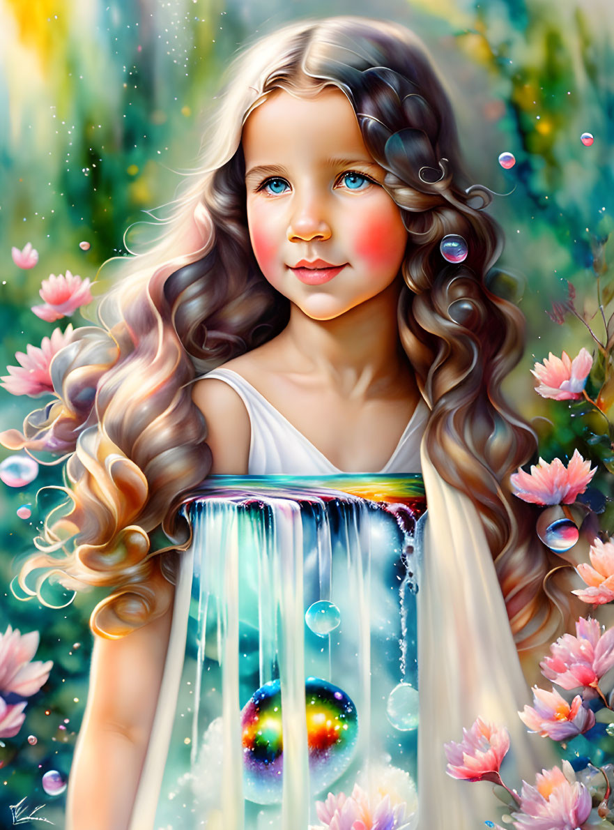 Stylized painting of young girl with wavy hair and rosy cheeks surrounded by bubbles and flowers