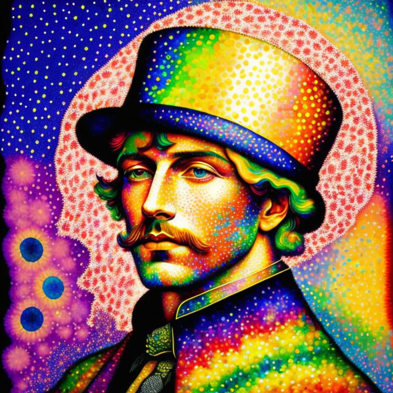 Colorful man with mustache in rainbow top hat on cosmic background