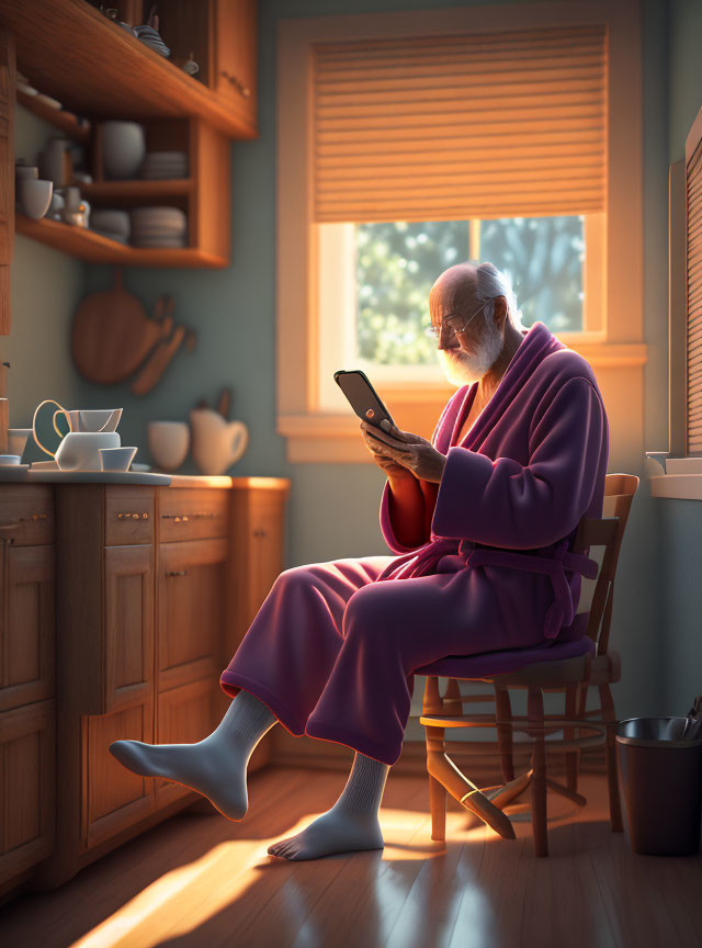 Elderly person in purple robe on kitchen chair with smartphone in warm sunlight