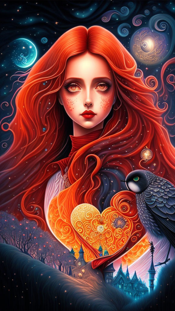 Stylized illustration of woman with red hair holding ornate heart