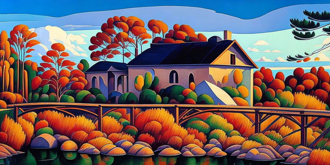 Colorful landscape with house, trees, bridge, and sky