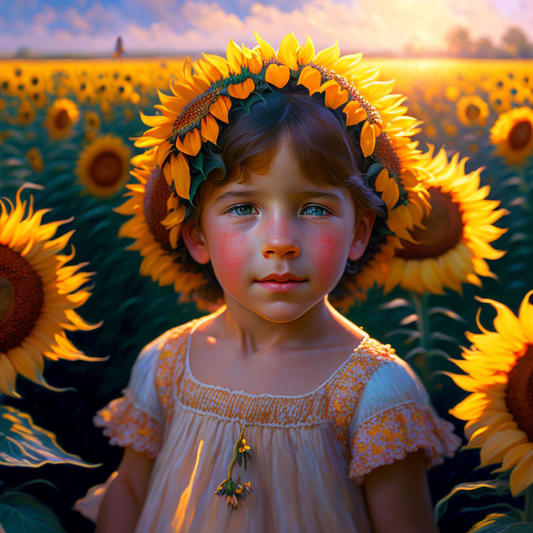 Young girl in sunflower field at sunset