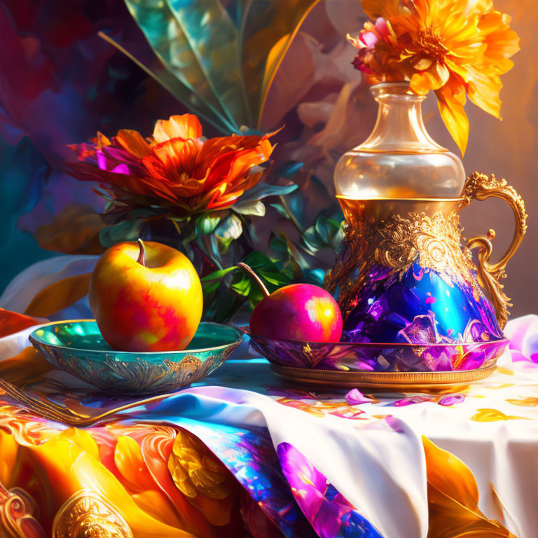 Colorful Still Life Painting with Golden Jug, Flowers, Apples, and Patterned Cloth