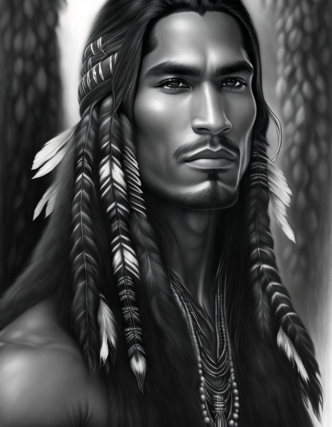 Monochrome digital painting of a man with long hair and tribal accessories