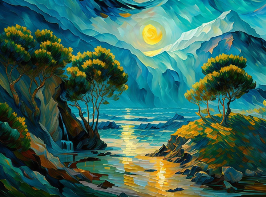 Colorful landscape painting: sunlit sea, radiant sky, lush greenery, rocky outcropp