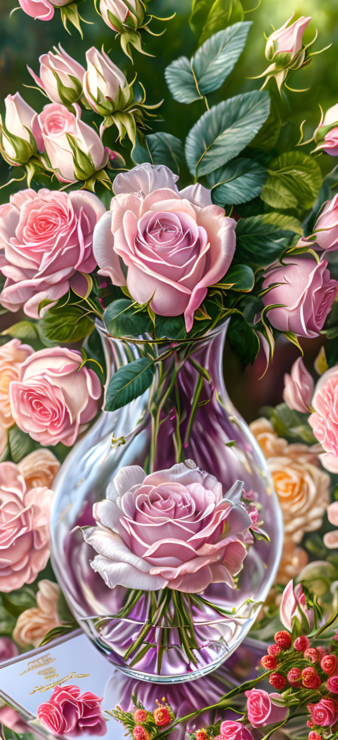 Light Pink Roses Bouquet in Clear Vase with Background of Roses and Foliage