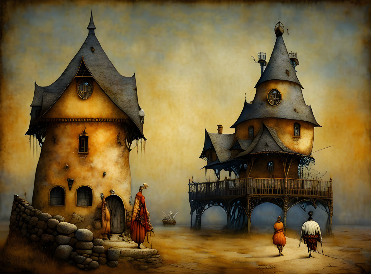 Medieval fantasy landscape with whimsical houses and characters in period attire