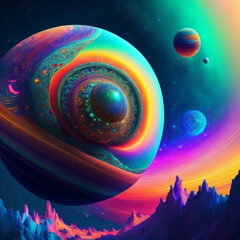 Colorful Surreal Cosmic Scene with Ornate Planets and Alien Terrain