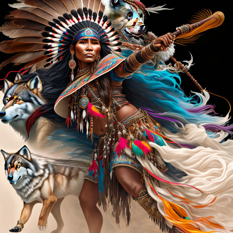 Digital artwork of woman in Native American attire with wolves & vibrant colors