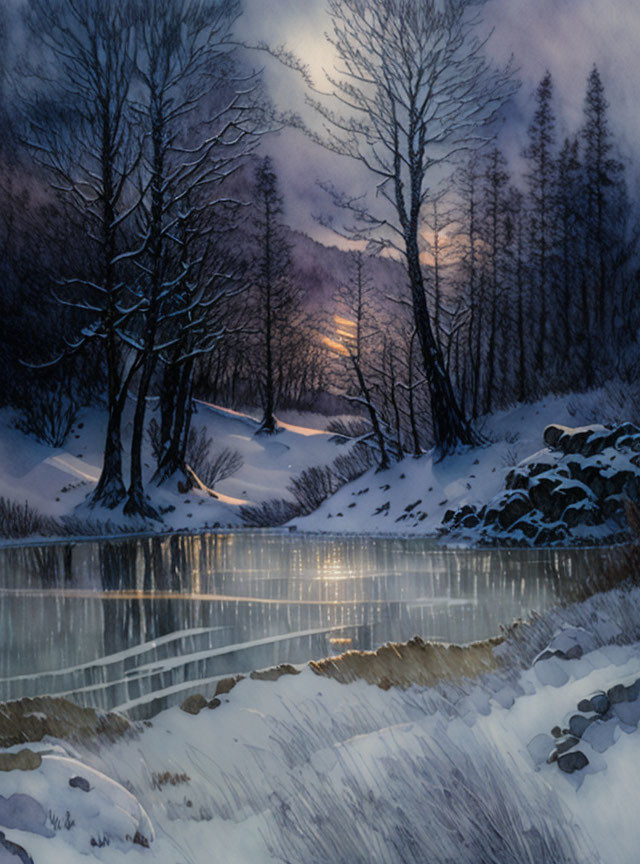 Snow-covered Winter Landscape with Bare Trees and Icy River