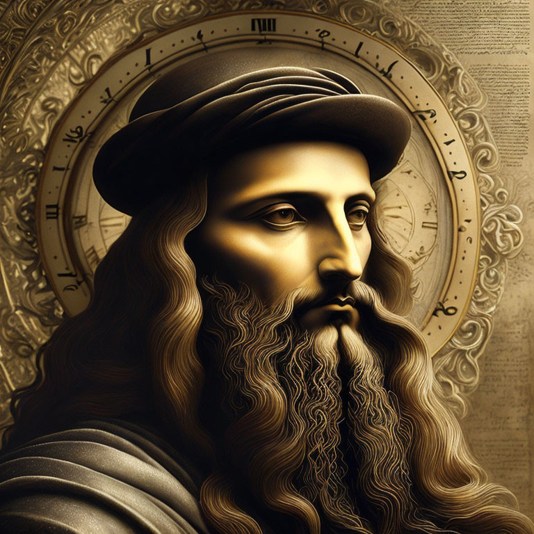 Bearded man with flowing hair in renaissance hat among golden astronomical symbols