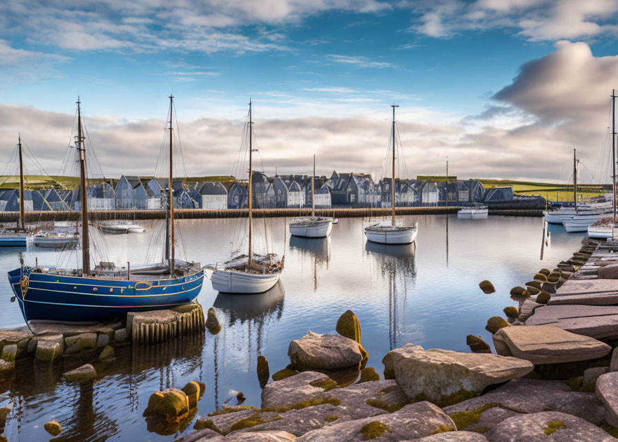 Tranquil marina: sailboats, stone waterfront, waterfront houses under cloudy sky.