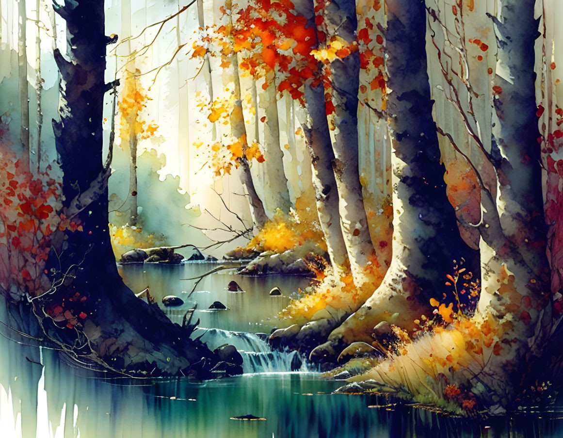 Tranquil stream in vibrant autumn forest with sunbeams