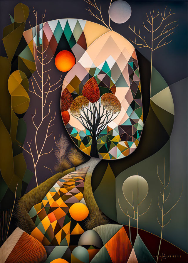 Geometric shapes and stylized trees in serene moonlit landscape