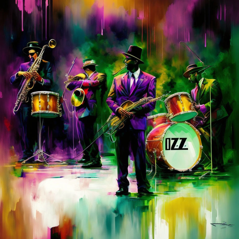 Vibrant jazz band artwork with four musicians in suits and hats playing saxophone, trombone,