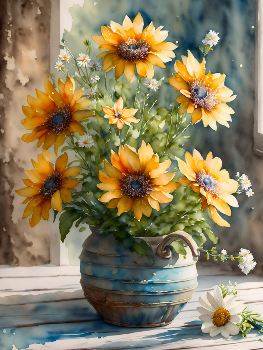 Sunflower bouquet in blue-striped vase on wooden surface