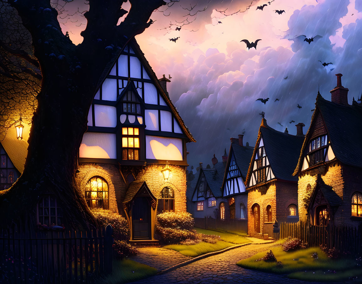 Charming Tudor-style village scene at dusk with glowing windows