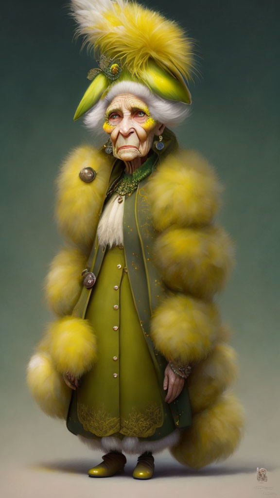 Illustrated elderly character in green and yellow outfit with feathered hat