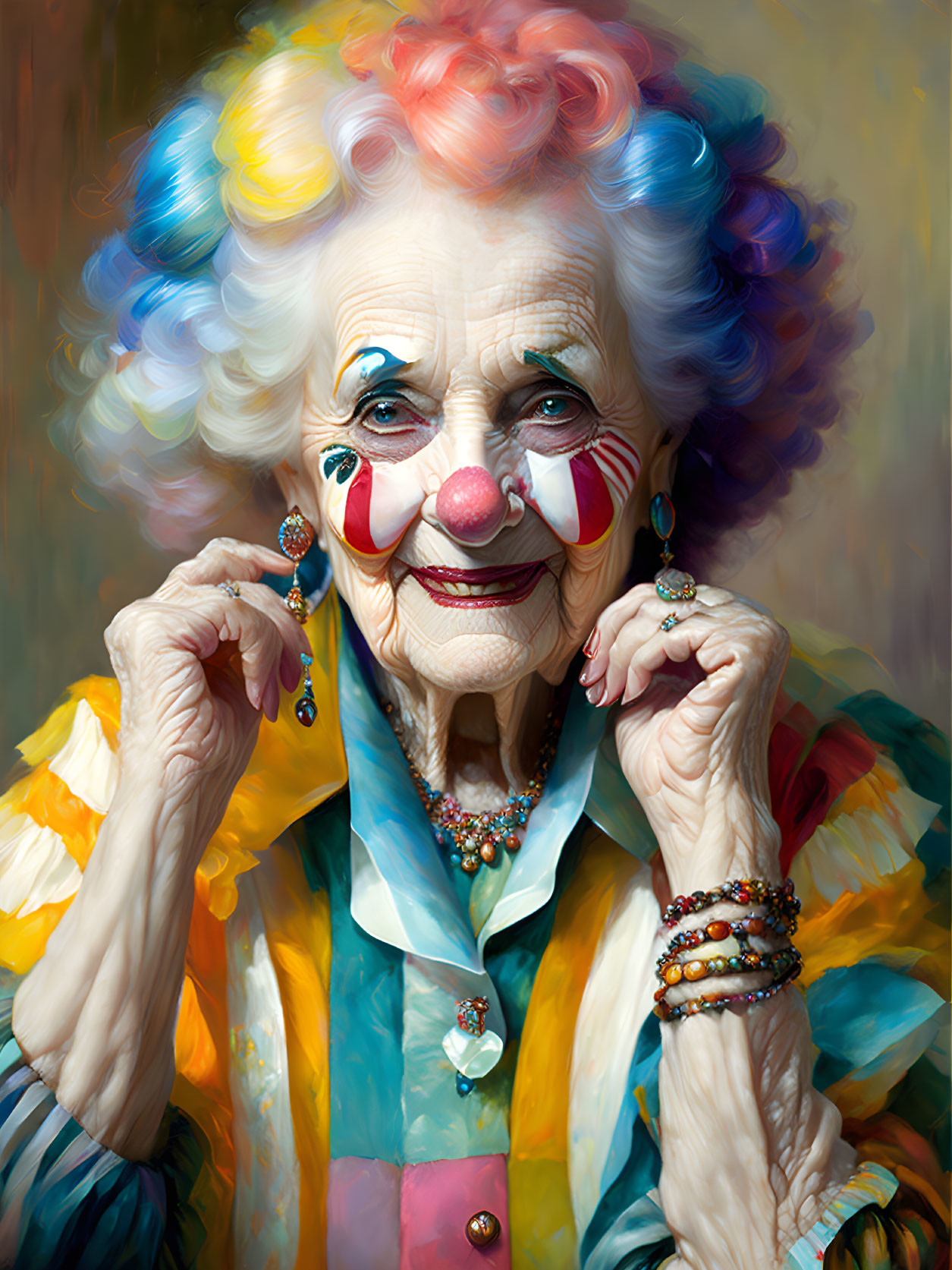 Elderly woman with vibrant hair and clown makeup in colorful attire.